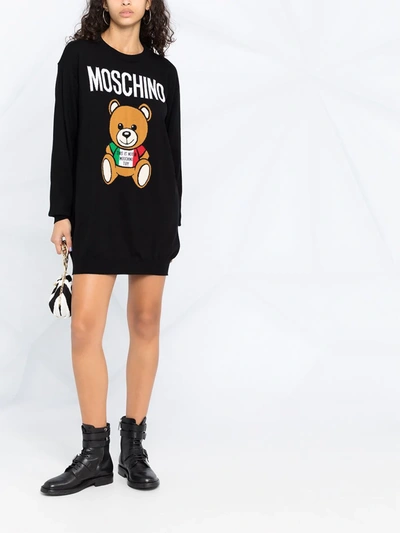 Shop Moschino Teddy Bear Logo Intarsia-knit Dress In Black