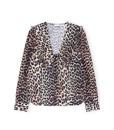 Shop Ganni Printed Cotton Poplin V-neck Top In Leopard In Animal Print