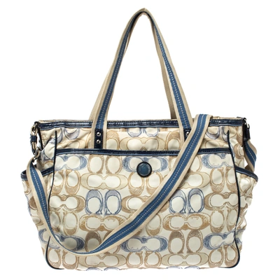 Pre-owned Coach Cream/blue Signature Nylon Peyton Diaper Bag In Brown