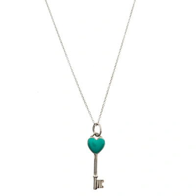 Pre-owned Tiffany & Co Blue Enamel Heart Key Silver Pendant Necklace