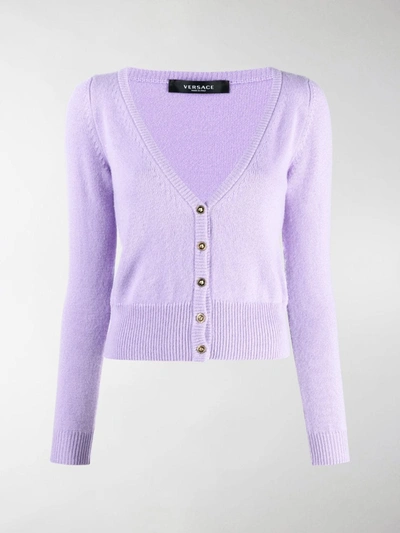 Shop Versace Fine-knit Buttoned Cardigan In Purple