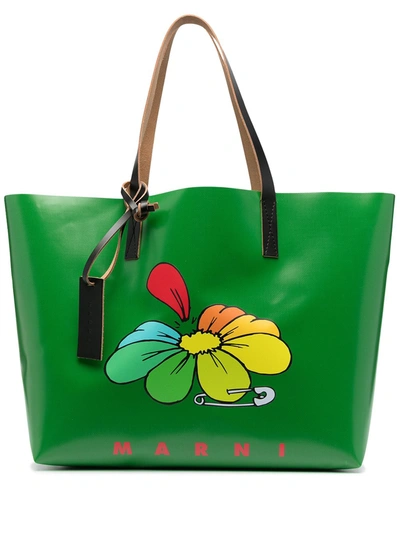 Shop Marni Daisy-print Logo Tote Bag In Green