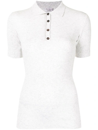 Shop Brunello Cucinelli Ribbed-knit Polo Top In White