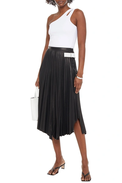 Shop Helmut Lang Buckle-detailed Pleated Leather Midi Skirt In Black
