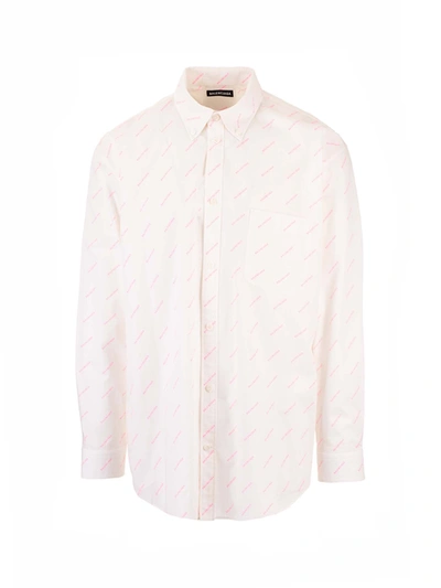 Shop Balenciaga Logo Shirt In White And Fluo Pink