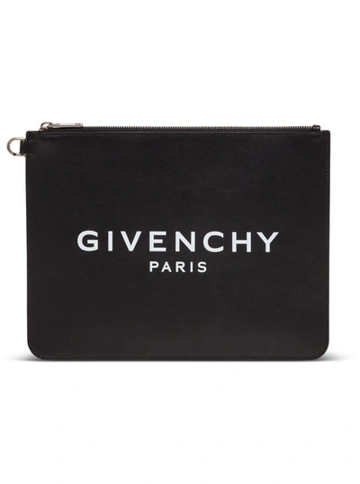 Shop Givenchy Leather Clutch With Logo Print In Black