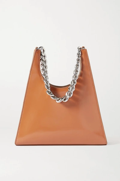 Shop Staud Rey Chain Glossed-leather Tote In Tan