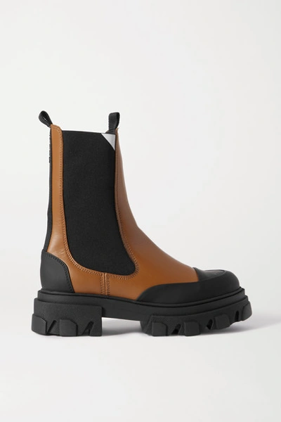 Shop Ganni Rubber-trimmed Leather Chelsea Boots In Tan