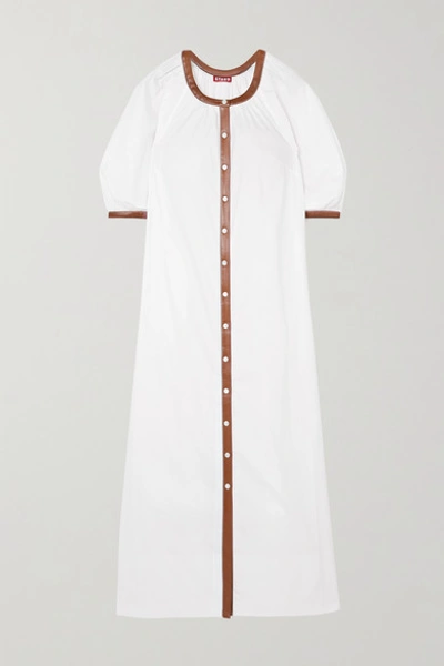 Shop Staud Vincent Vegan Leather-trimmed Cotton-blend Poplin Dress In White