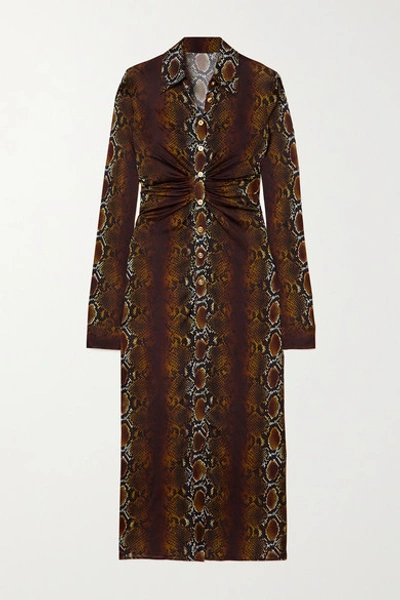 Shop Versace Ruched Snake-print Stretch-jersey Midi Shirt Dress In Brown