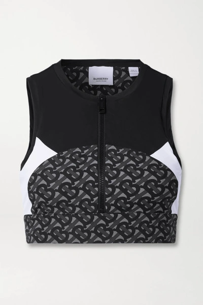 Shop Burberry Paneled Printed Stretch Sports Bra In Dark Gray