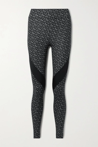 Shop Burberry Paneled Printed Stretch Leggings In Dark Gray