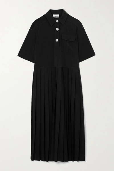Shop Ganni Crystal-embellished Pleated Woven Midi Shirt Dress In Black