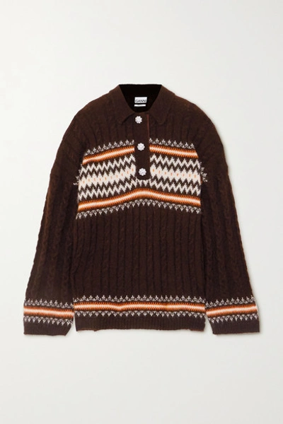 Shop Ganni Crystal-embellished Fair Isle Cable-knit Alpaca-blend Sweater In Dark Brown