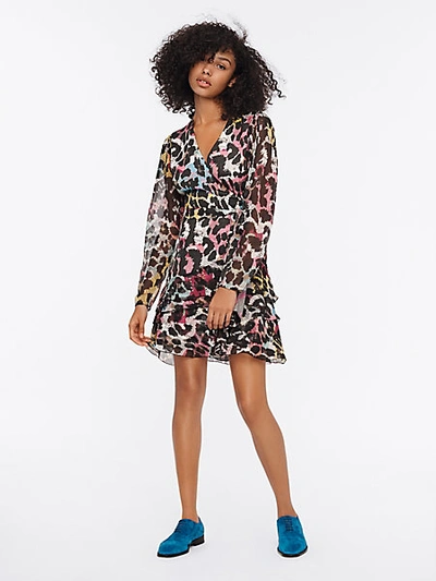 Shop Diane Von Furstenberg Keyla Jacquard Mini Wrap Dress In Newspaper Leopard Black