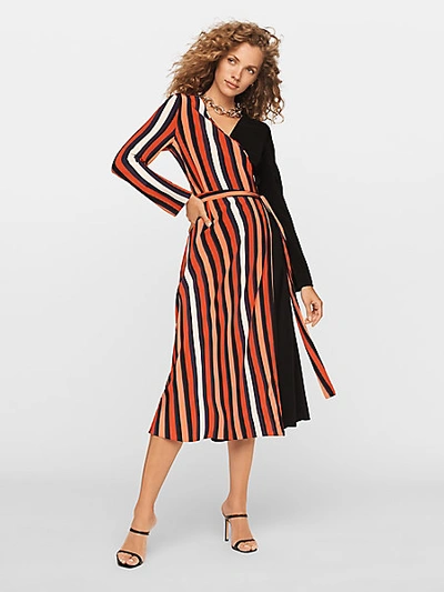 Shop Diane Von Furstenberg Tilly Silk Crepe De Chine Midi Wrap Dress In Shadow Stripe Pop Red/black