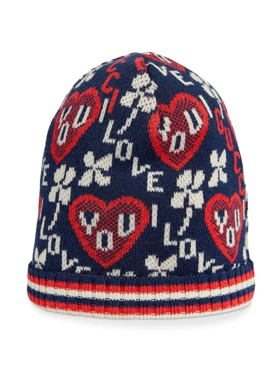 Shop Gucci Jacquard Pattern Knit Beanie In Blue