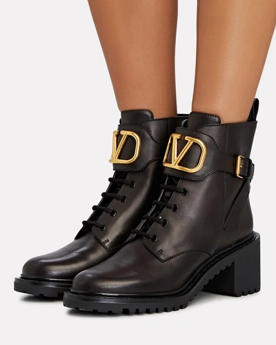 Shop Valentino Vlogo Leather Combat Boots In Black