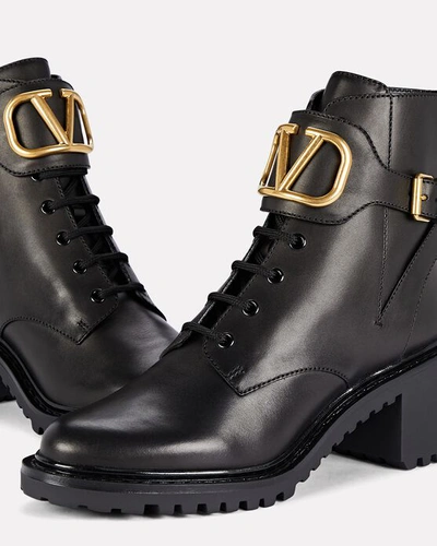 Shop Valentino Vlogo Leather Combat Boots In Black