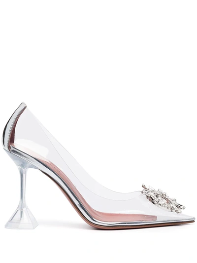 Shop Amina Muaddi Crystal-embellished Pointed Pumps In White