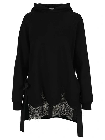 Shop Valentino Jersey And Lace Hoodie In Black
