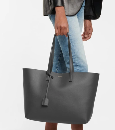 Shop Saint Laurent Shopping E/w Leather Tote In Grey