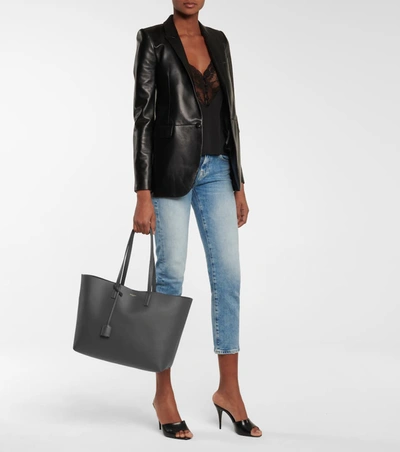 Shop Saint Laurent Shopping E/w Leather Tote In Grey