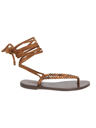 Shop Saint Laurent Gia Ankle-wrap Beaded Suede Thong Sandals In Tan