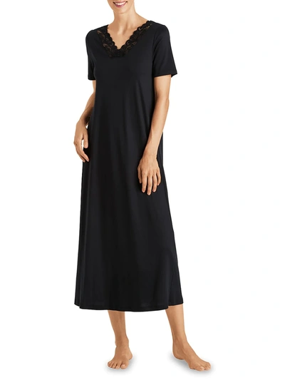 Shop Hanro Women's Moments Short-sleeve Long Gown In Black