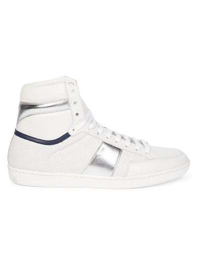 Shop Saint Laurent Men's Court Classic Leather High-top Sneakers In White Silver