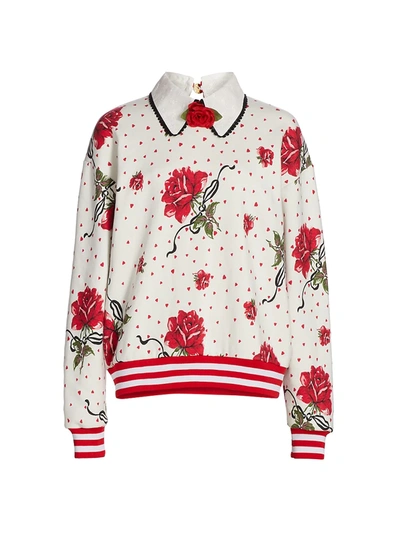 Shop Rodarte Collared Rose-print Sweatshirt In Red