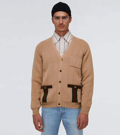 Shop Gucci Knitted Wool-blend Cardigan With Web In Beige
