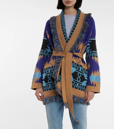 Shop Alanui Regenerated Icon Cashmere And Wool Cardigan In Blue