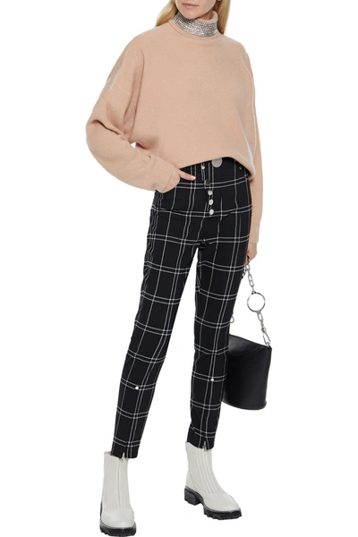 Shop Alexander Wang Snap-detailed Checked Brushed-twill Tapered Pants In Black