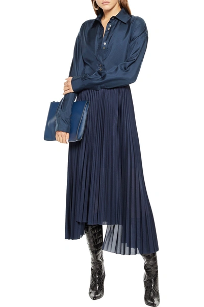 Shop Helmut Lang Asymmetric Pleated Satin Midi Skirt In Navy