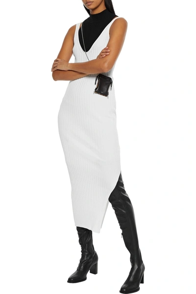 Shop Helmut Lang Ribbed Cotton-blend Midi Dress In White