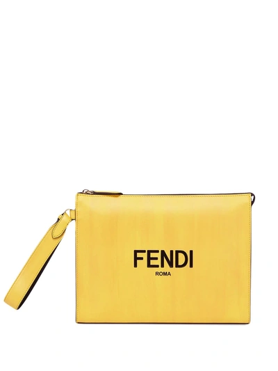 Shop Fendi Logo Print Clutch Bag In Yellow