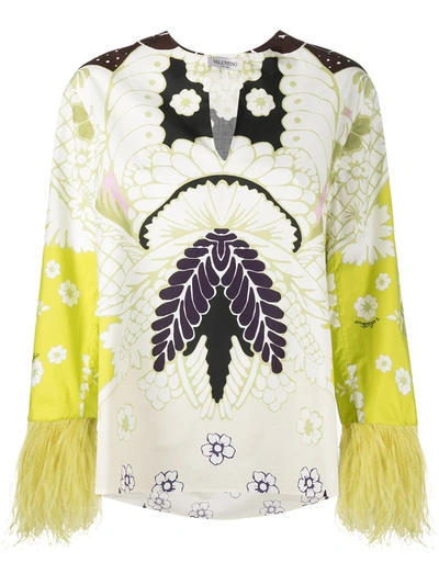 Shop Valentino Feather-embellished Floral Print Blouse In Green