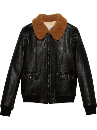 Shop Gucci Shearling Collar Leather Jacket In Black