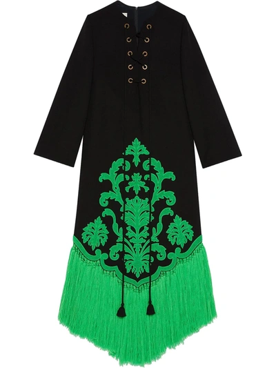 Shop Gucci Lace-up Fringed Dress In Black