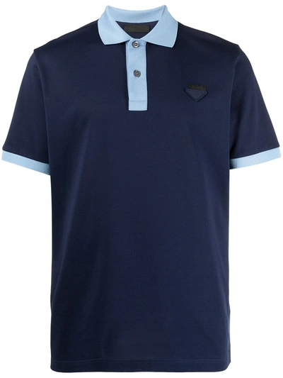 Shop Prada Logo Patch Polo Shirt In Blau