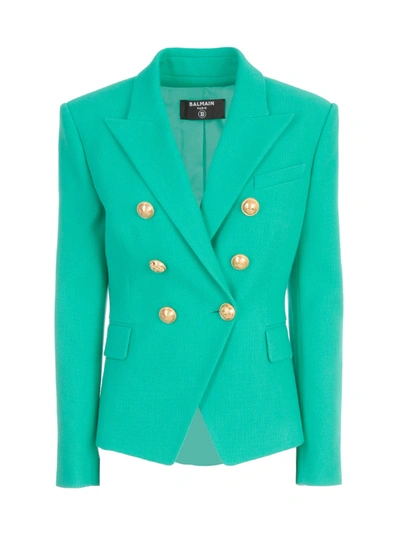 Shop Balmain 6 Btn Cotton-pique Jacket In Kb Vert Jade