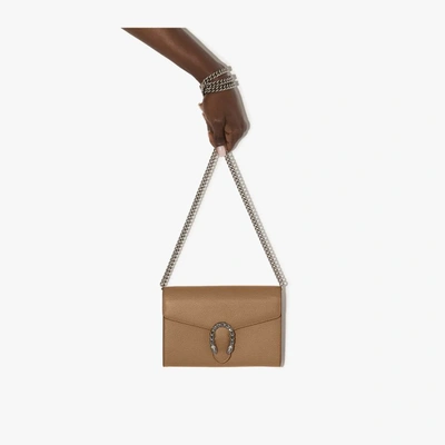 Shop Gucci Brown Dionysus Leather Wallet On Chain