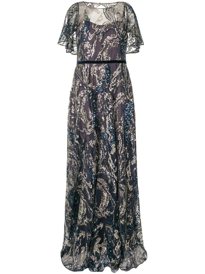 Shop Marchesa Notte Sequin Draped Sleeves Gown In Blue