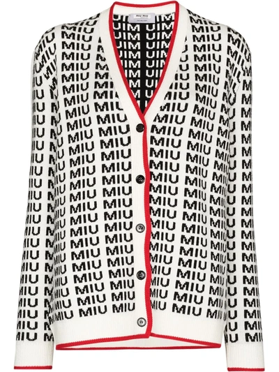 Shop Miu Miu All-over Jacquard Logo Cardigan In White