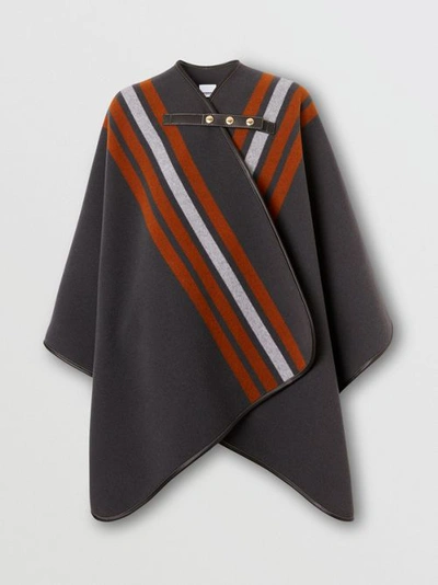 Shop Burberry Stripe Detail Wool Cape In Mid Grey