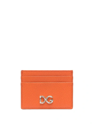 Shop Dolce & Gabbana Rhinestone Logo Cardholder In Orange