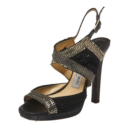 Pre-owned Jimmy Choo Black Chainmail And Fabric Peep Toe Slingback Sandals Size 36