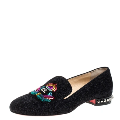 Pre-owned Christian Louboutin Black Shimmering Fabric Smoking Slippers Size 37