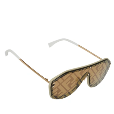 Pre-owned Fendi Gold Tone/ Beige Mirrored Zucca Ff M0039/g/s Fabulous Shield Sunglasses